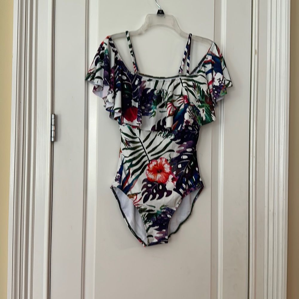 SWIMSUIT, one piece off or on shoulder tropical print. Like new